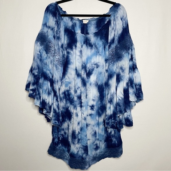 Surf Gypsy Boho Tie-Dye Off-Shoulder Ruffle Kimono Sleeve Tunic Top - Picture 2 of 12